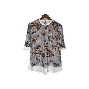 Faith And Joy Women’s Floral Houndstooth Top White Black Size Large